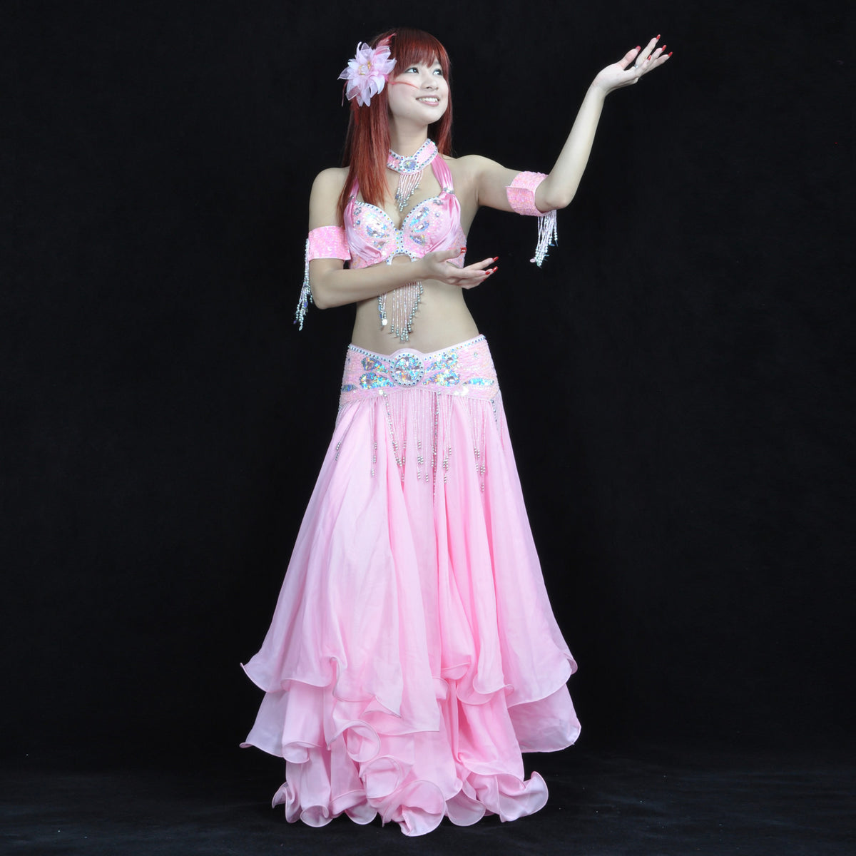 Tribal Belly Dance Costumes with 3-Layers Skirt and Beaded Bra Belly Dance Dress