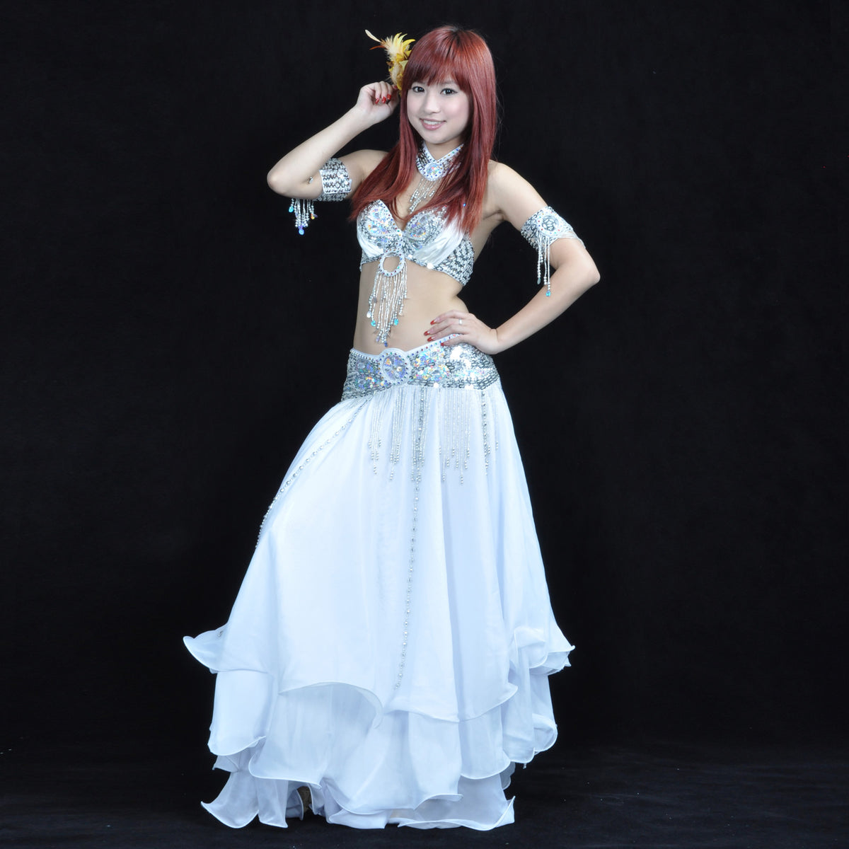 Tribal Belly Dance Costumes with 3-Layers Skirt and Beaded Bra Belly Dance Dress