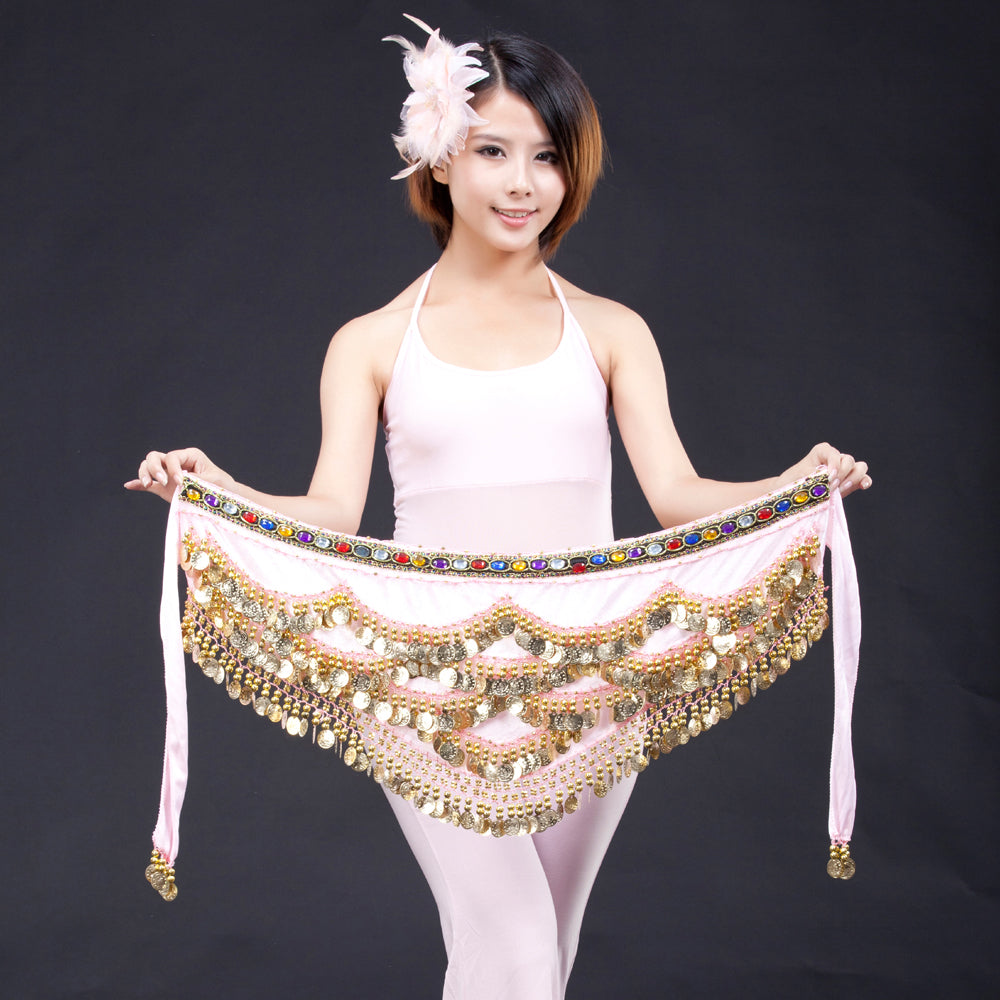 Belly Dance Wave Shape Hip Scarf with 328 Coins and Colorful Rhinestone, Belly Dance Waist Belts