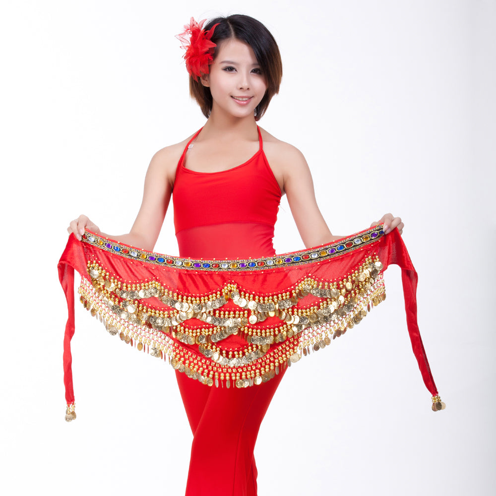 Belly Dance Wave Shape Hip Scarf with 328 Coins and Colorful Rhinestone, Belly Dance Waist Belts