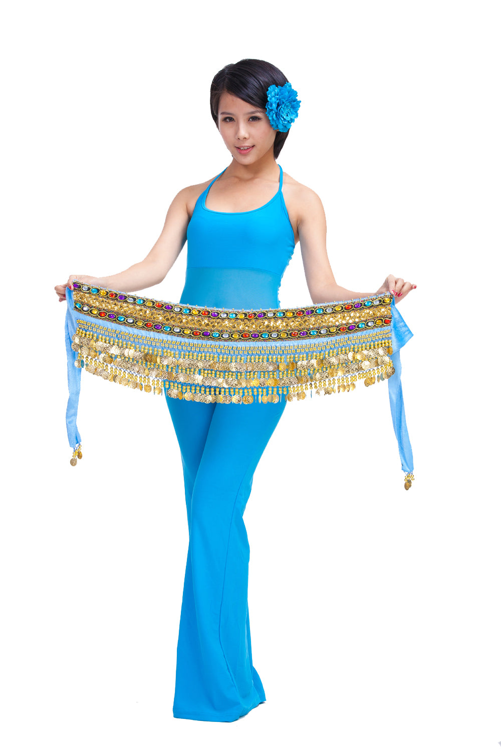 Belly Dance Wave Shape Hip Scarf with 248 Coins and Colorful Rhinestone, Belly Dance Waist Belts