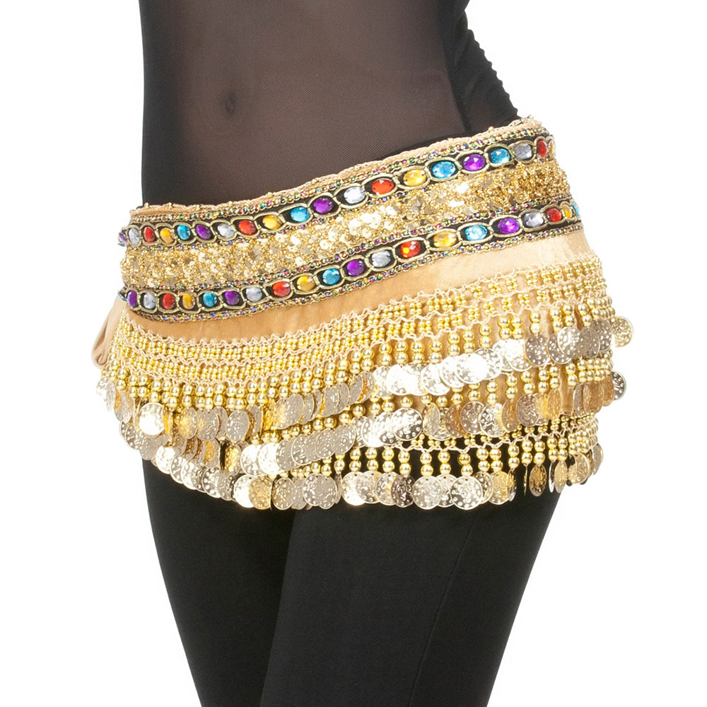Belly Dance Wave Shape Hip Scarf with 248 Coins and Colorful Rhinestone, Belly Dance Waist Belts