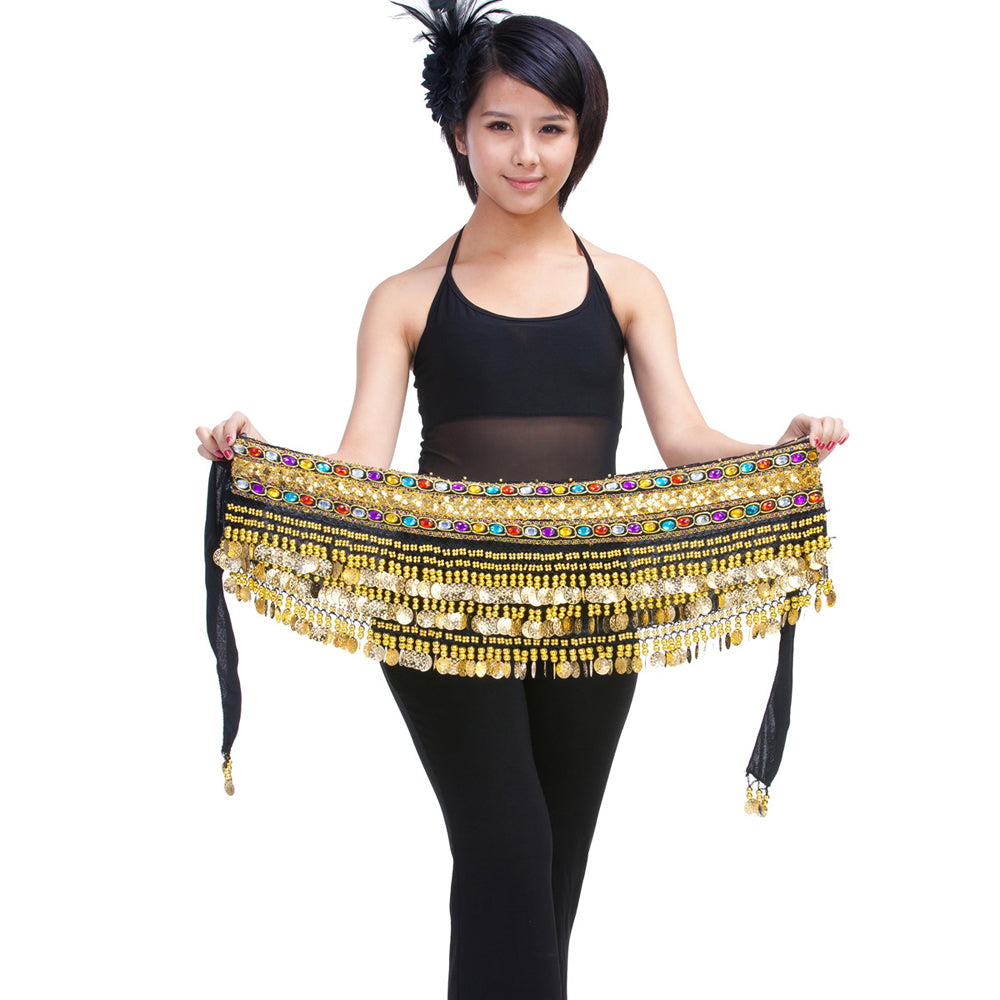 Belly Dance Wave Shape Hip Scarf with 248 Coins and Colorful Rhinestone, Belly Dance Waist Belts
