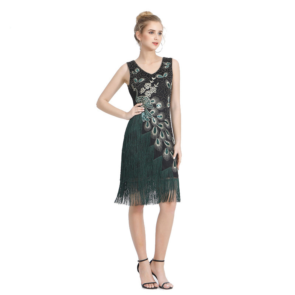 Plus Size Double V Neck 1920s Peacock Pattern Sequin Mini Dress Retro Sequin Fringe Skirt Dress Prom Party Evening Dress