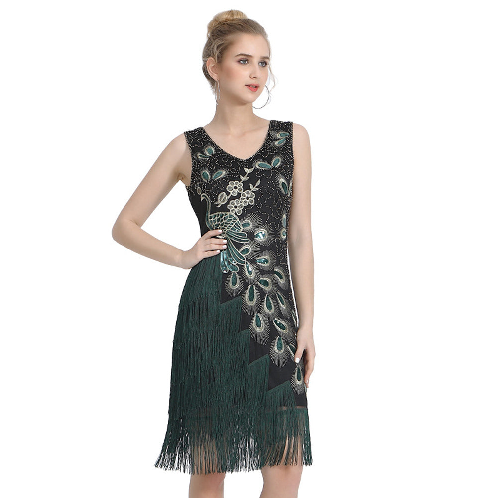 Plus Size Double V Neck 1920s Peacock Pattern Sequin Mini Dress Retro Sequin Fringe Skirt Dress Prom Party Evening Dress
