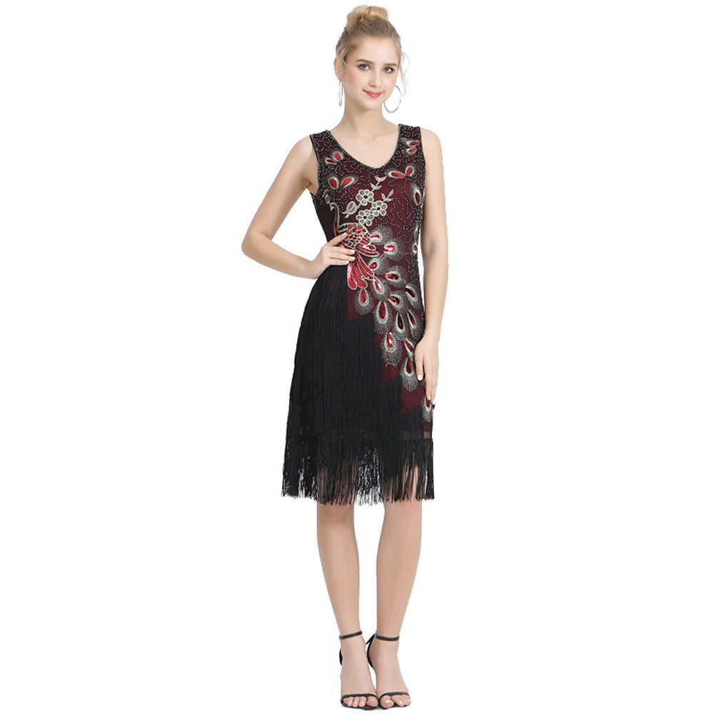Plus Size Double V Neck 1920s Peacock Pattern Sequin Mini Dress Retro Sequin Fringe Skirt Dress Prom Party Evening Dress