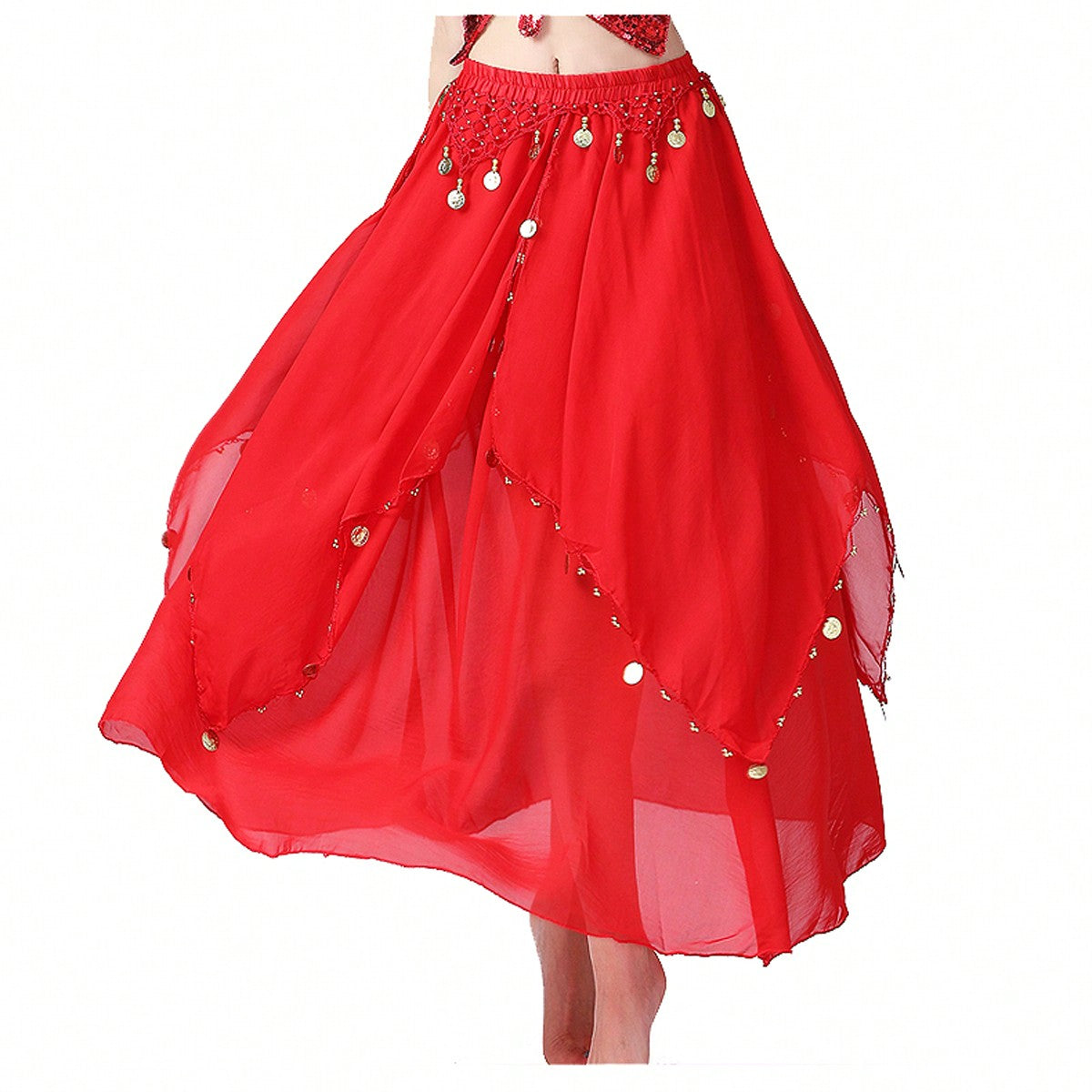 35.4in 120D Chiffon Women's Belly Dance Skirt With Coins