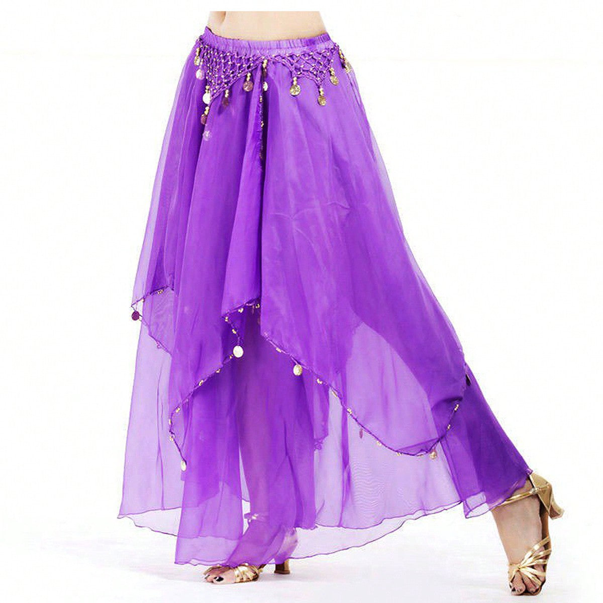 35.4in 120D Chiffon Women's Belly Dance Skirt With Coins