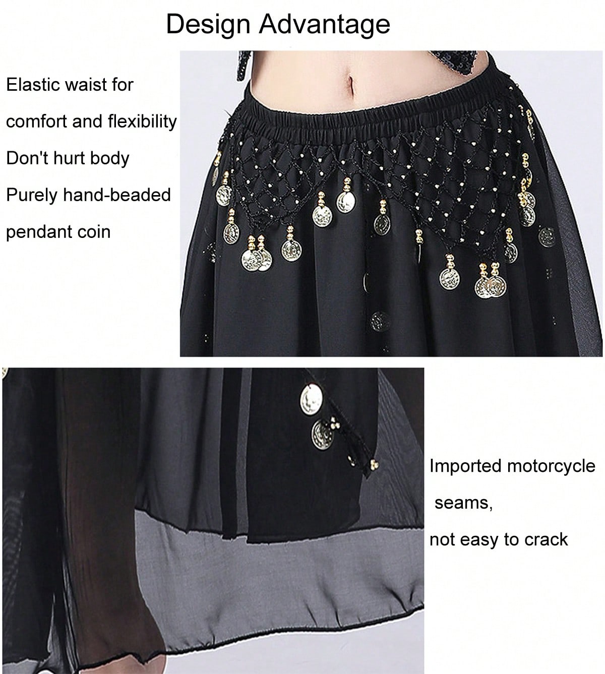 35.4in 120D Chiffon Women's Belly Dance Skirt With Coins