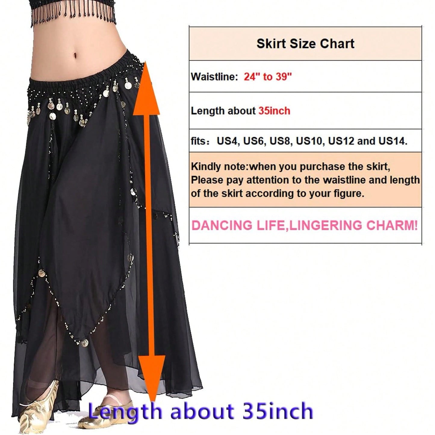 35.4in 120D Chiffon Women's Belly Dance Skirt With Coins