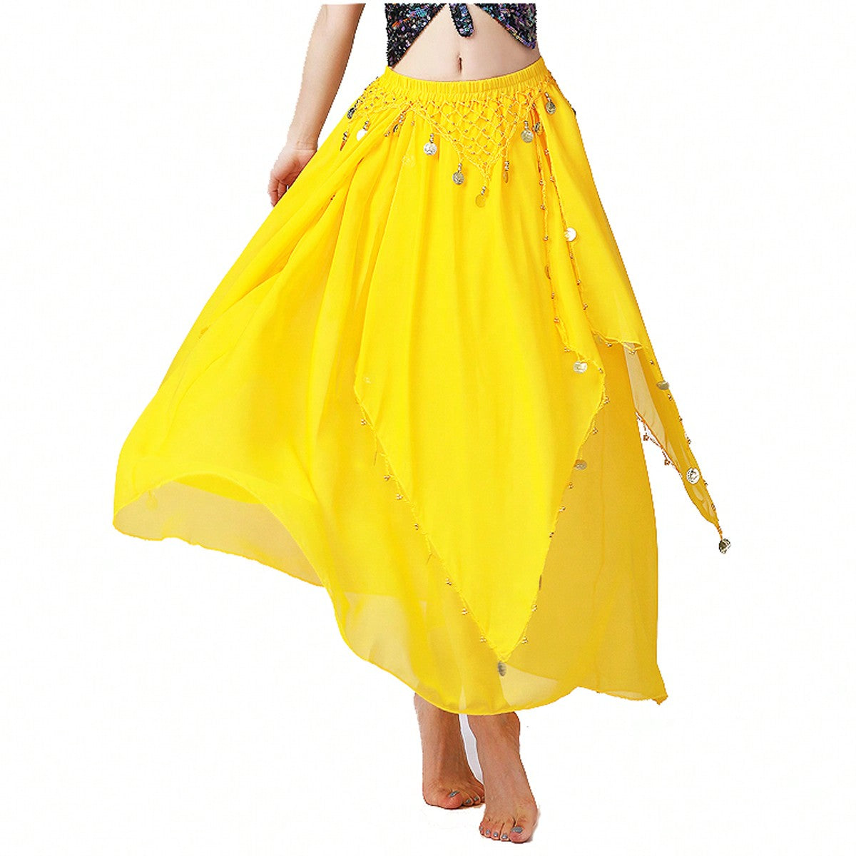 35.4in 120D Chiffon Women's Belly Dance Skirt With Coins