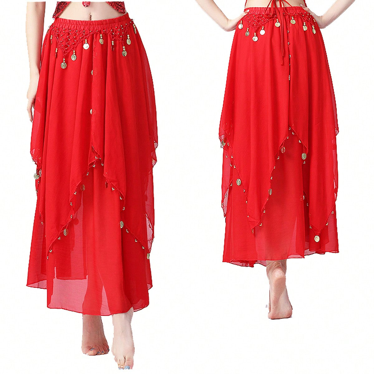 35.4in 120D Chiffon Women's Belly Dance Skirt With Coins
