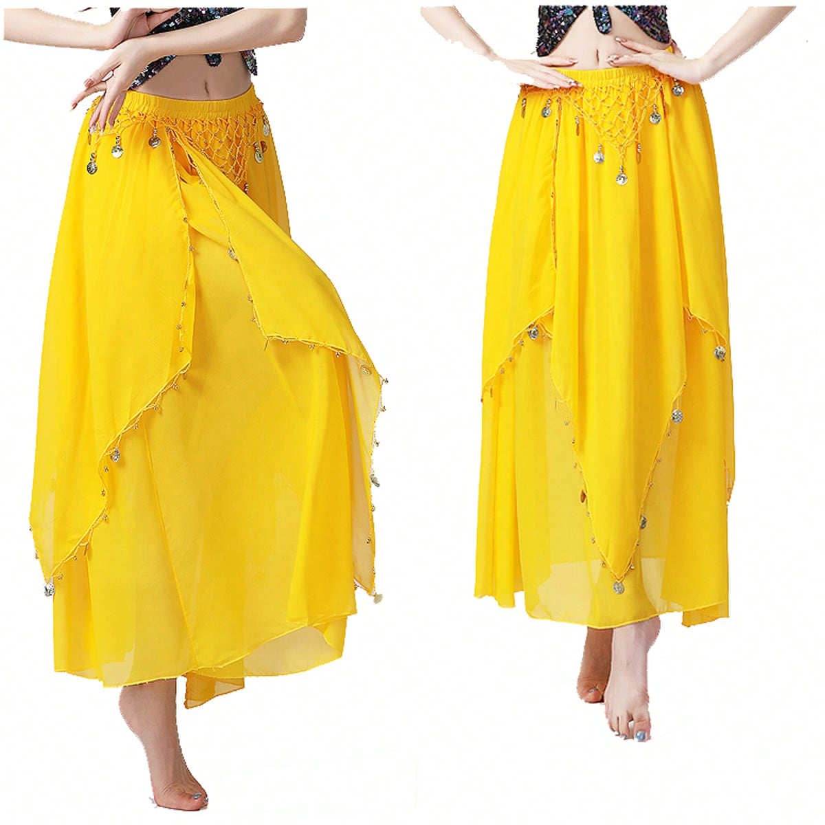 35.4in 120D Chiffon Women's Belly Dance Skirt With Coins
