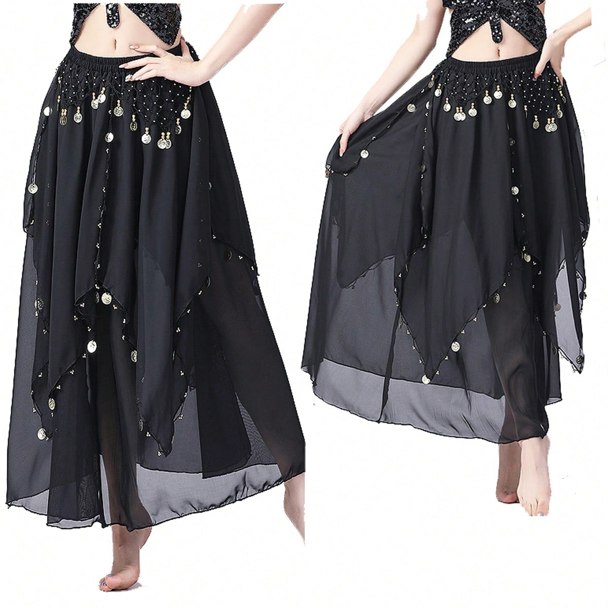 35.4in 120D Chiffon Women's Belly Dance Skirt With Coins