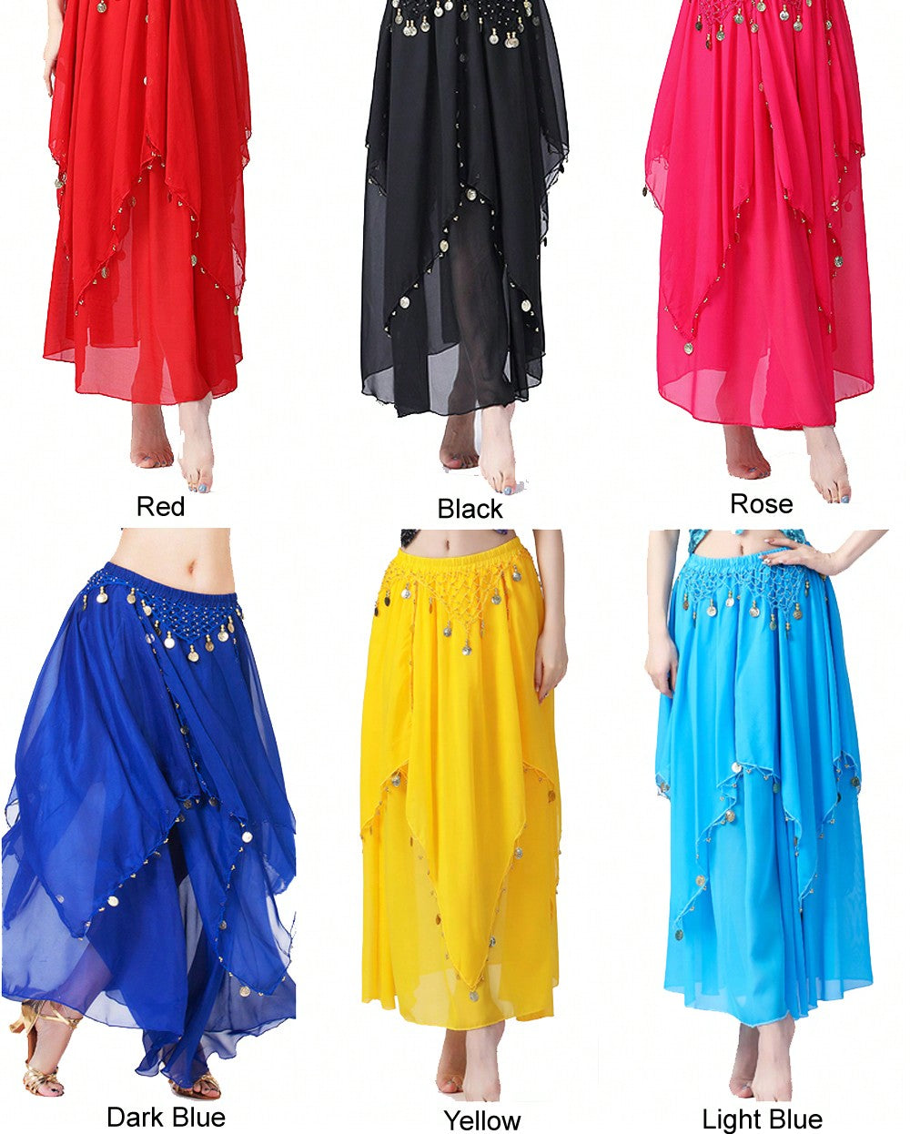 35.4in 120D Chiffon Women's Belly Dance Skirt With Coins