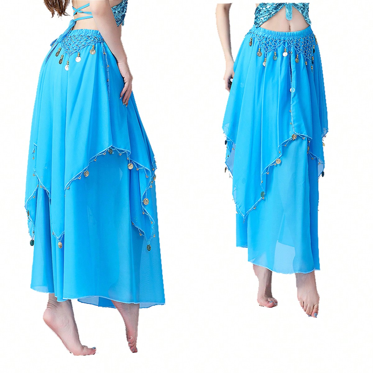 35.4in 120D Chiffon Women's Belly Dance Skirt With Coins