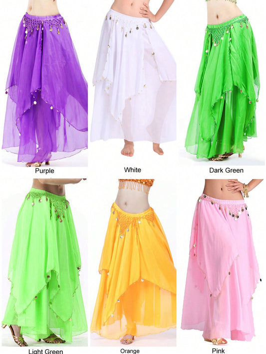 35.4in 120D Chiffon Women's Belly Dance Skirt With Coins