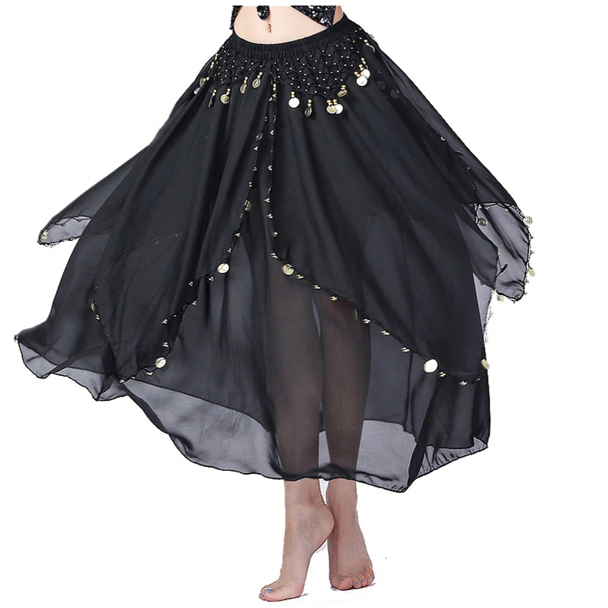 35.4in 120D Chiffon Women's Belly Dance Skirt With Coins