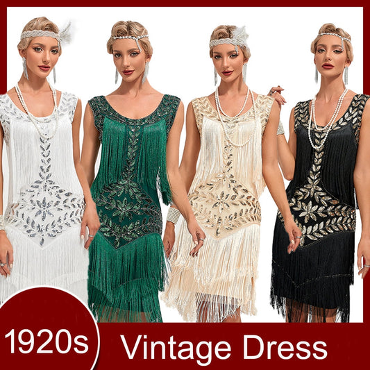 1920s Vintage Dress Summer Fringe Beaded Great Gatsby Flapper Evening Dress Party Cocktail Prom