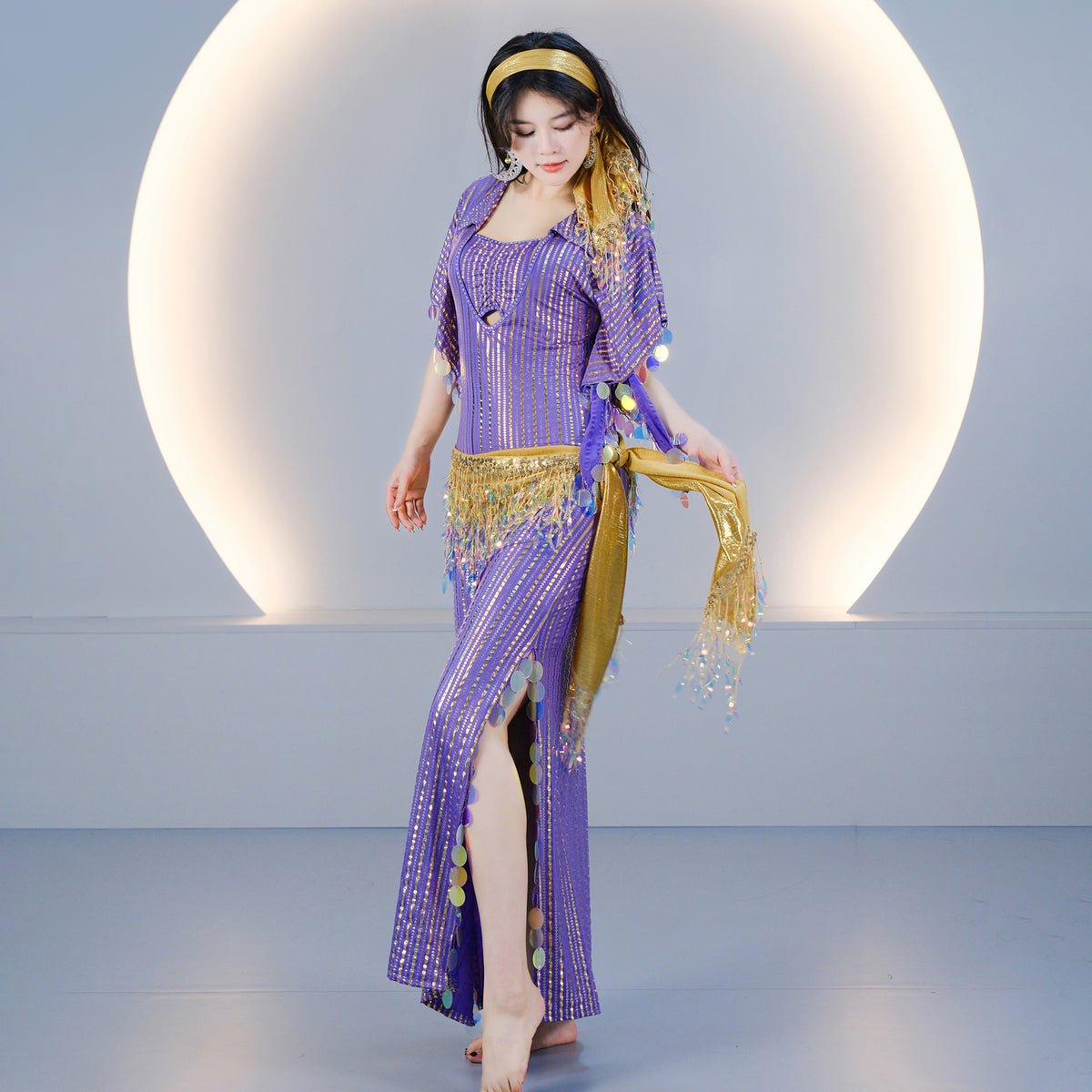 Egyptian-style Saidi Robe for Cane Dance and Folkloric Baladi with Features Sequins and Metallic Foil Stripes