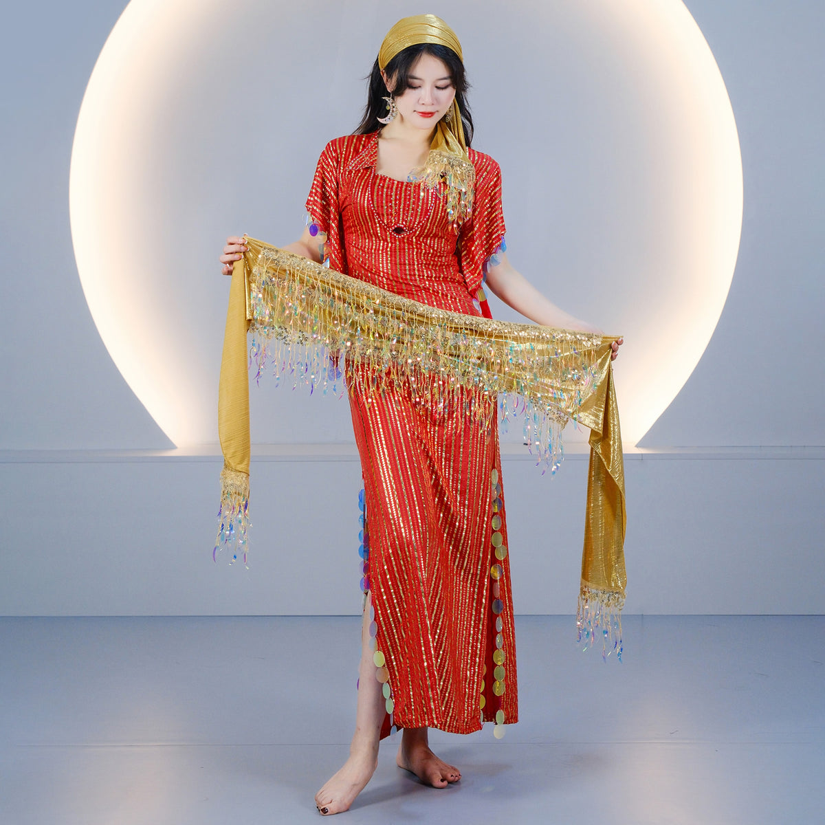 Egyptian-style Saidi Robe for Cane Dance and Folkloric Baladi with Features Sequins and Metallic Foil Stripes