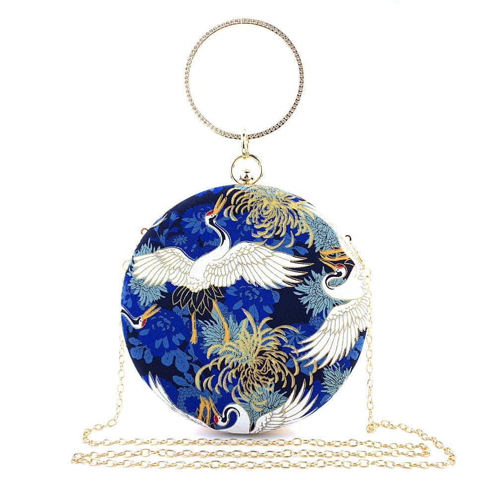 Womens Evening Bag Clutch Purse Luxury Handbag Embroidery Wedding Bag Crane-Print Small Round Evening Bag