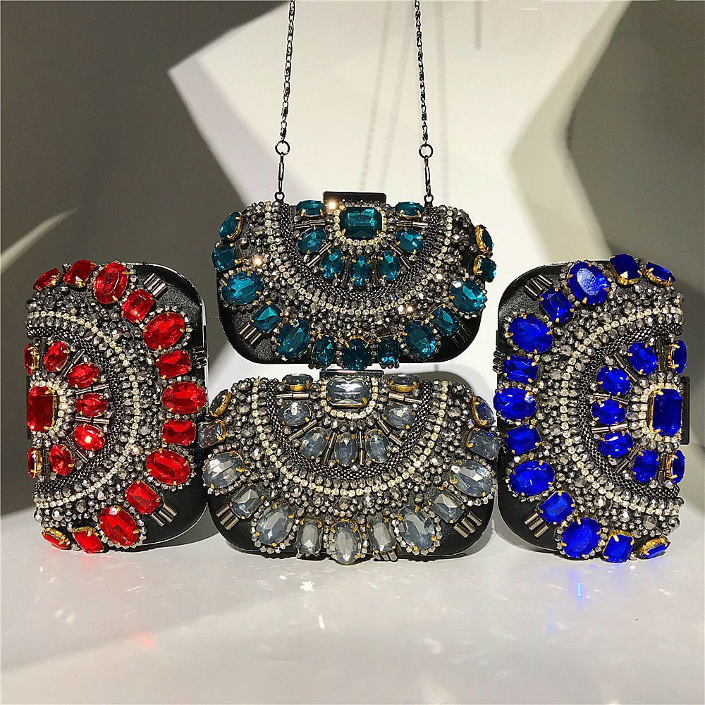 Womens Evening Clutch Purse Handbag Heavy Beaded Embroidered Evening Bag with Rhinestones