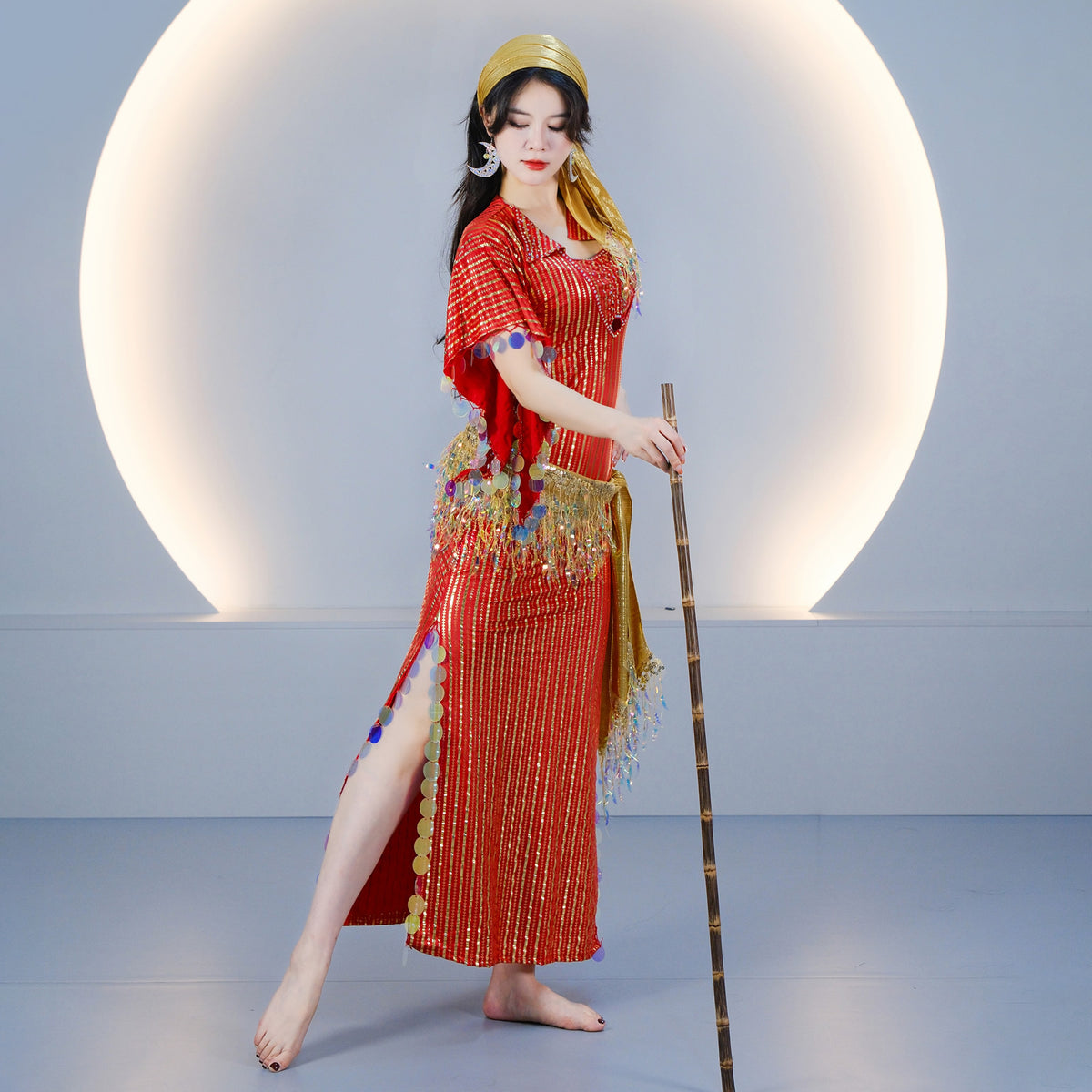 Egyptian-style Saidi Robe for Cane Dance and Folkloric Baladi with Features Sequins and Metallic Foil Stripes