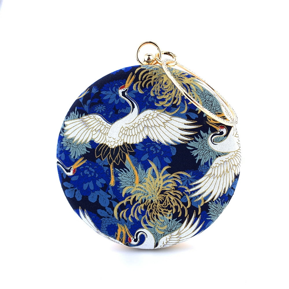 Womens Evening Bag Clutch Purse Luxury Handbag Embroidery Wedding Bag Crane-Print Small Round Evening Bag