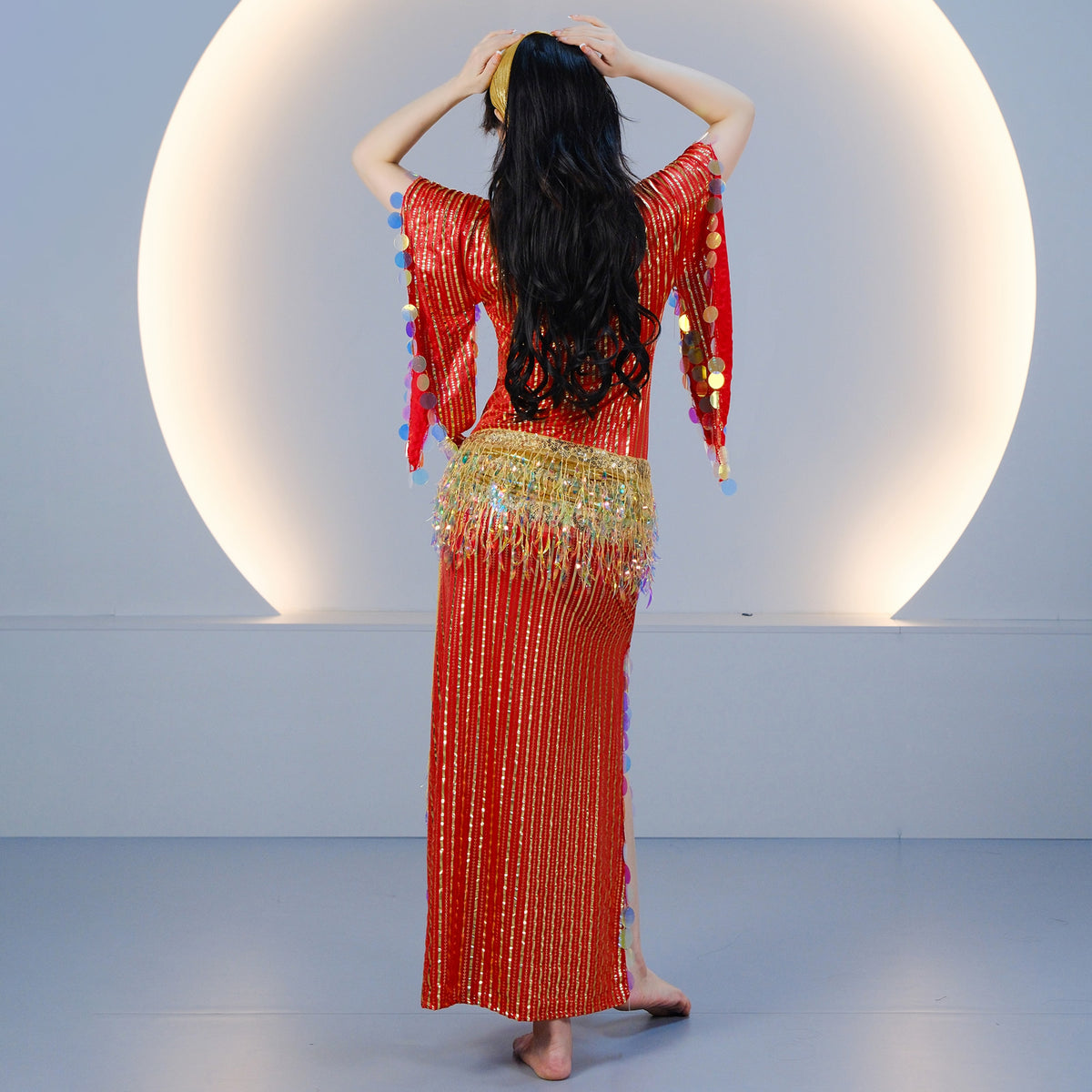 Egyptian-style Saidi Robe for Cane Dance and Folkloric Baladi with Features Sequins and Metallic Foil Stripes