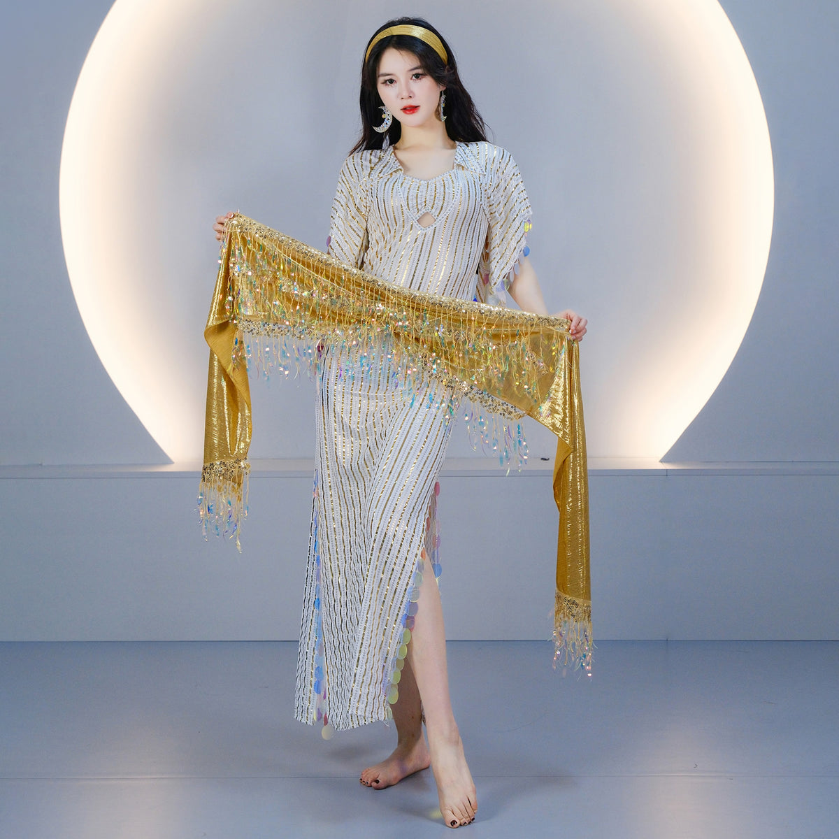 Egyptian-style Saidi Robe for Cane Dance and Folkloric Baladi with Features Sequins and Metallic Foil Stripes