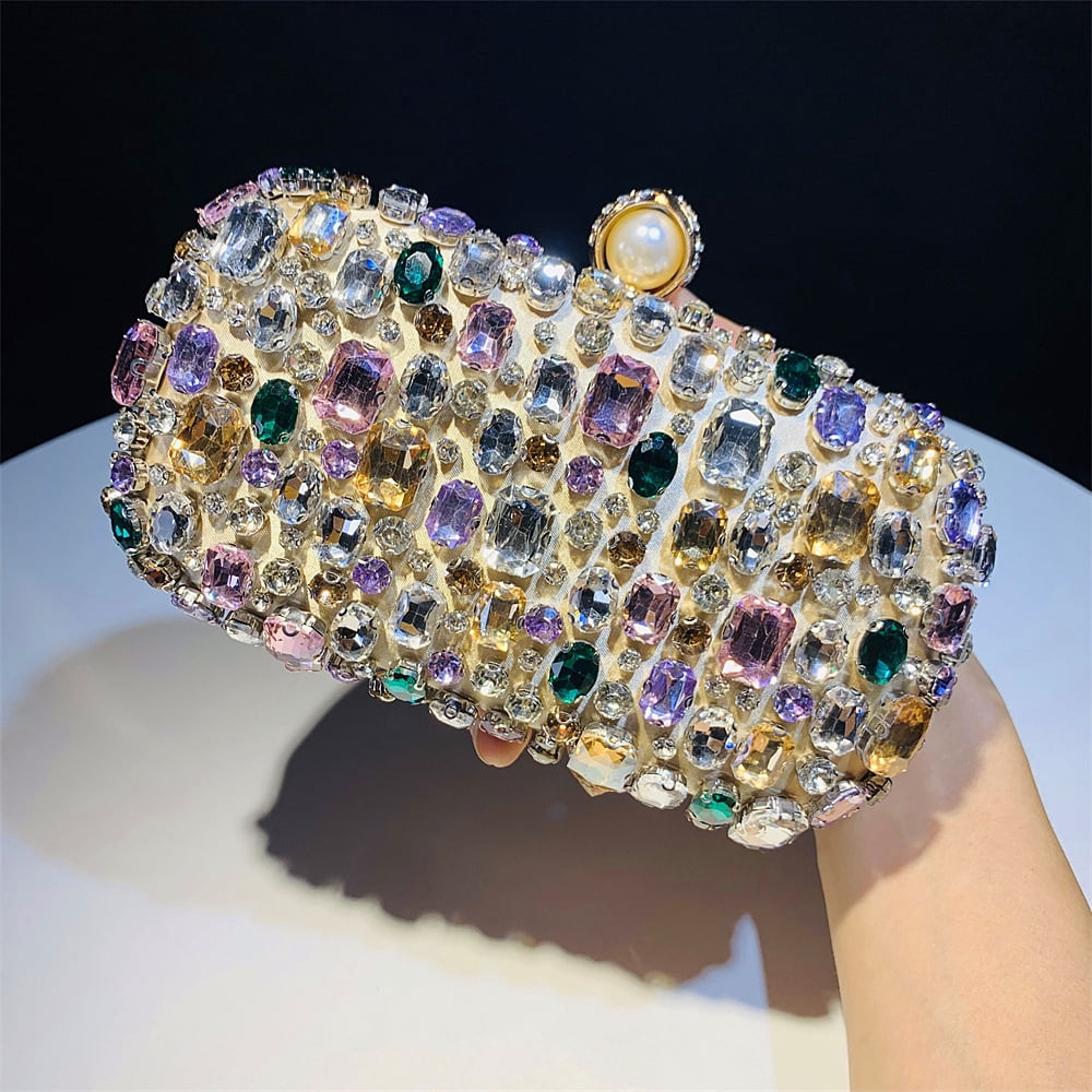 Womens Evening Clutch Purse Handbag Heavy Beaded Embroidered Evening Bag with Rhinestones