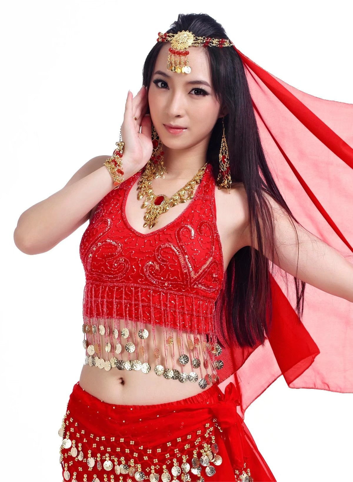 5 Pcs 5 Flower Printed Chiffon Women Belly Dance Costumes, Fashion Ladies Belly Dancing Girls, Indian Dance Costumes