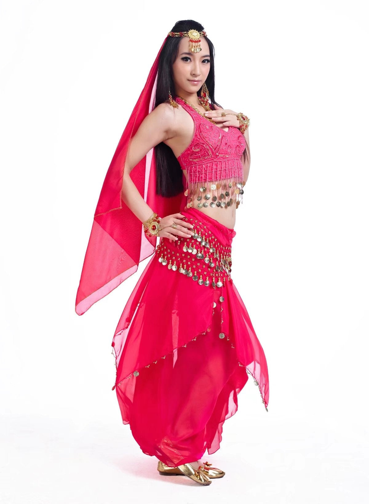 5 Pcs 5 Flower Printed Chiffon Women Belly Dance Costumes, Fashion Ladies Belly Dancing Girls, Indian Dance Costumes