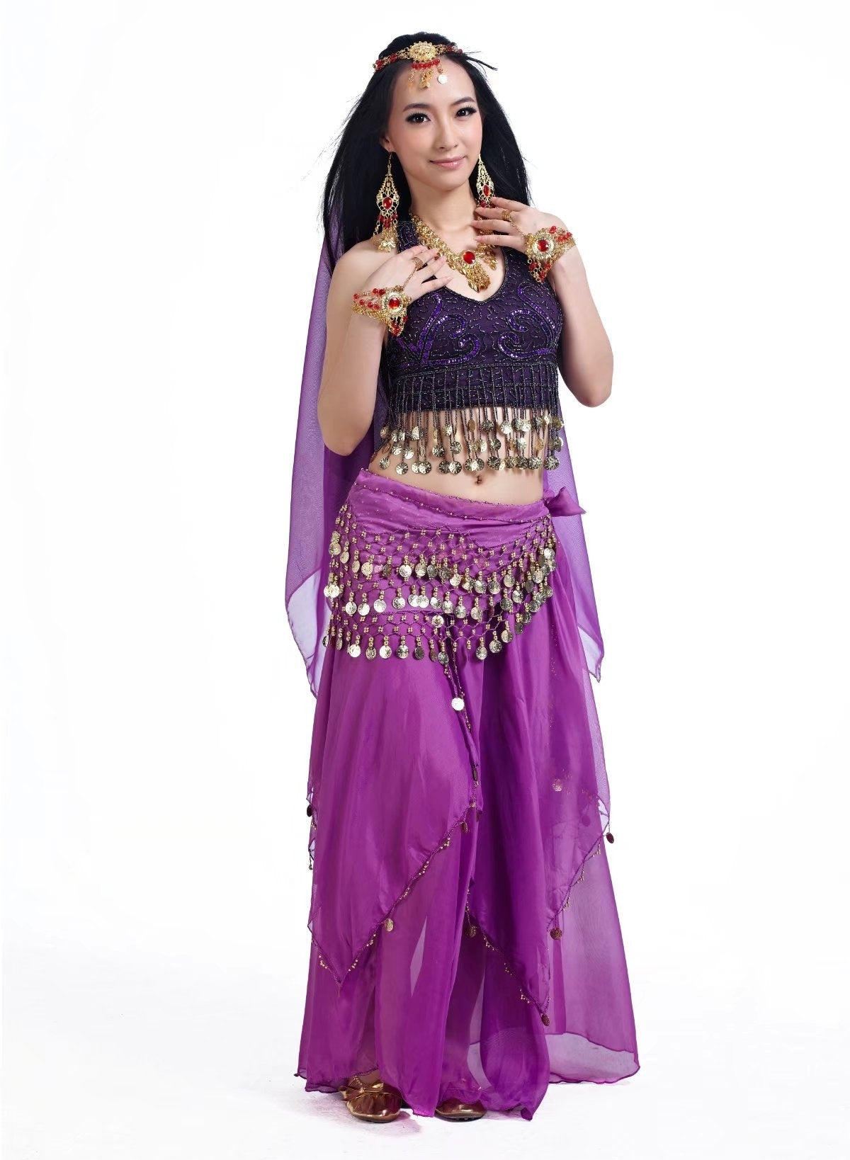5 Pcs 5 Flower Printed Chiffon Women Belly Dance Costumes, Fashion Ladies Belly Dancing Girls, Indian Dance Costumes