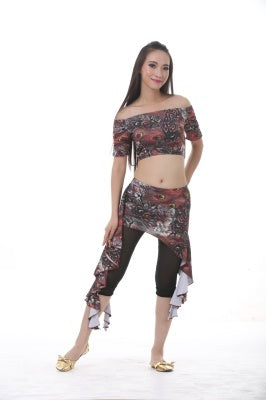 Milk Silk Square-Shoulder Peacock Pattern Printed Dress, Light Weight Belly Dance Waist Skirt, Traning Suit, Belly dance Hip Bandage, Practice Dress 3 PCS