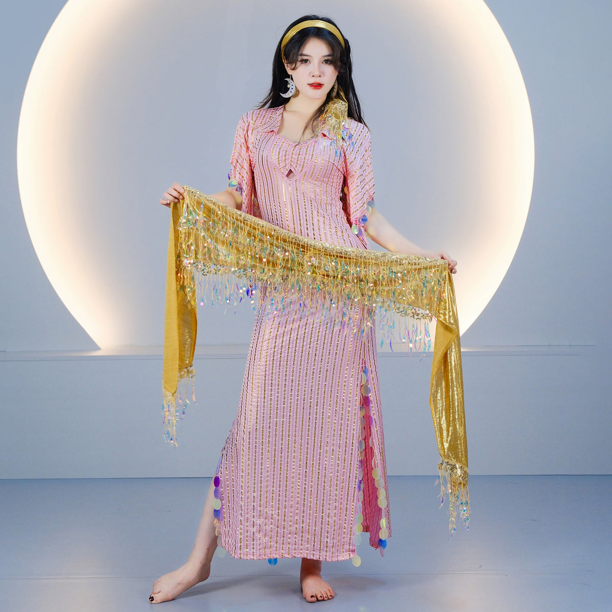 Egyptian-style Saidi Robe for Cane Dance and Folkloric Baladi with Features Sequins and Metallic Foil Stripes