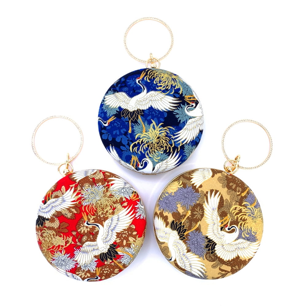 Womens Evening Bag Clutch Purse Luxury Handbag Embroidery Wedding Bag Crane-Print Small Round Evening Bag