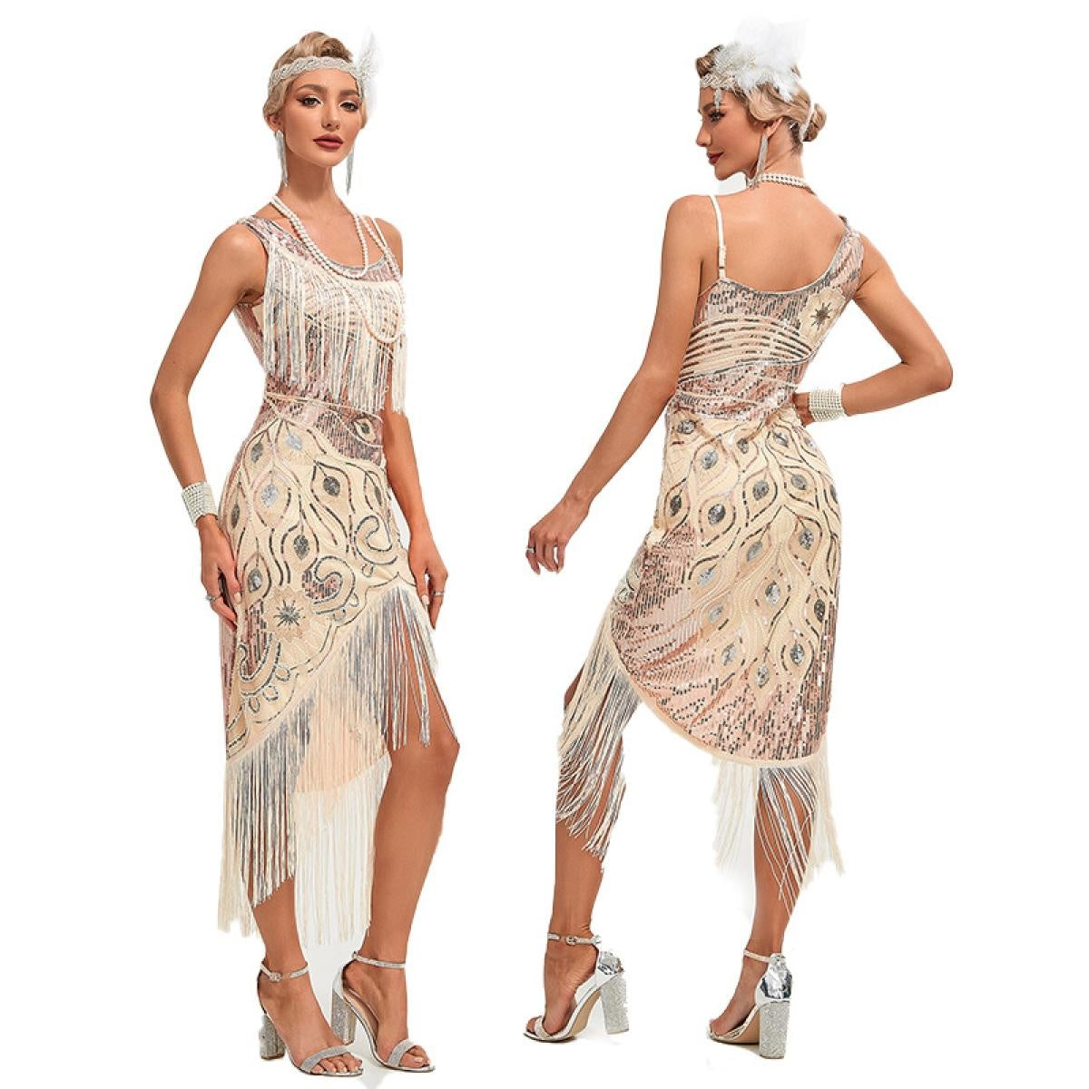 1920s Vintage Great Gatsby Party Flapper Dress Sleeveless Sequins Tassel Dresses Cocktail Prom Size XS-3XL Long Skirt