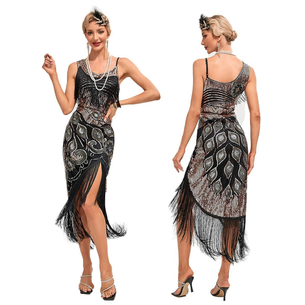 1920s Vintage Great Gatsby Party Flapper Dress Sleeveless Sequins Tassel Dresses Cocktail Prom Size XS-3XL Long Skirt
