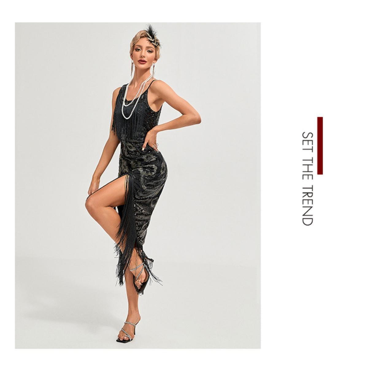 1920s Vintage Great Gatsby Party Flapper Dress Sleeveless Sequins Tassel Dresses Cocktail Prom Size XS-3XL Long Skirt