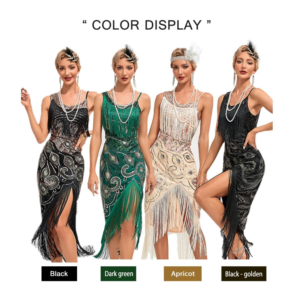 1920s Vintage Great Gatsby Party Flapper Dress Sleeveless Sequins Tassel Dresses Cocktail Prom Size XS-3XL Long Skirt