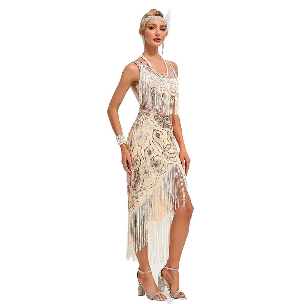 1920s Vintage Great Gatsby Party Flapper Dress Sleeveless Sequins Tassel Dresses Cocktail Prom Size XS-3XL Long Skirt