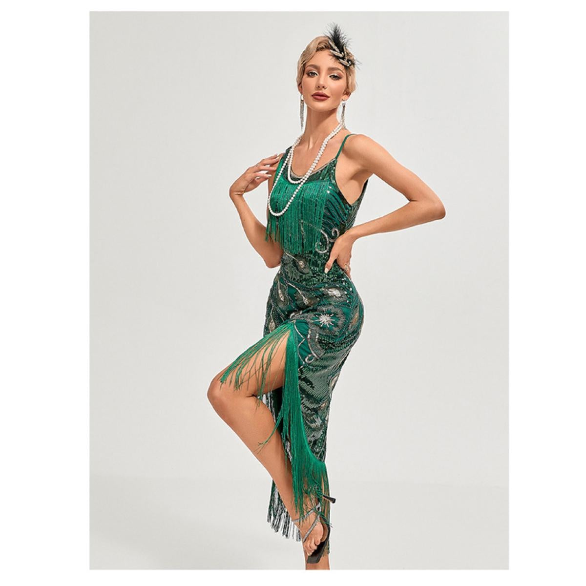 1920s Vintage Great Gatsby Party Flapper Dress Sleeveless Sequins Tassel Dresses Cocktail Prom Size XS-3XL Long Skirt