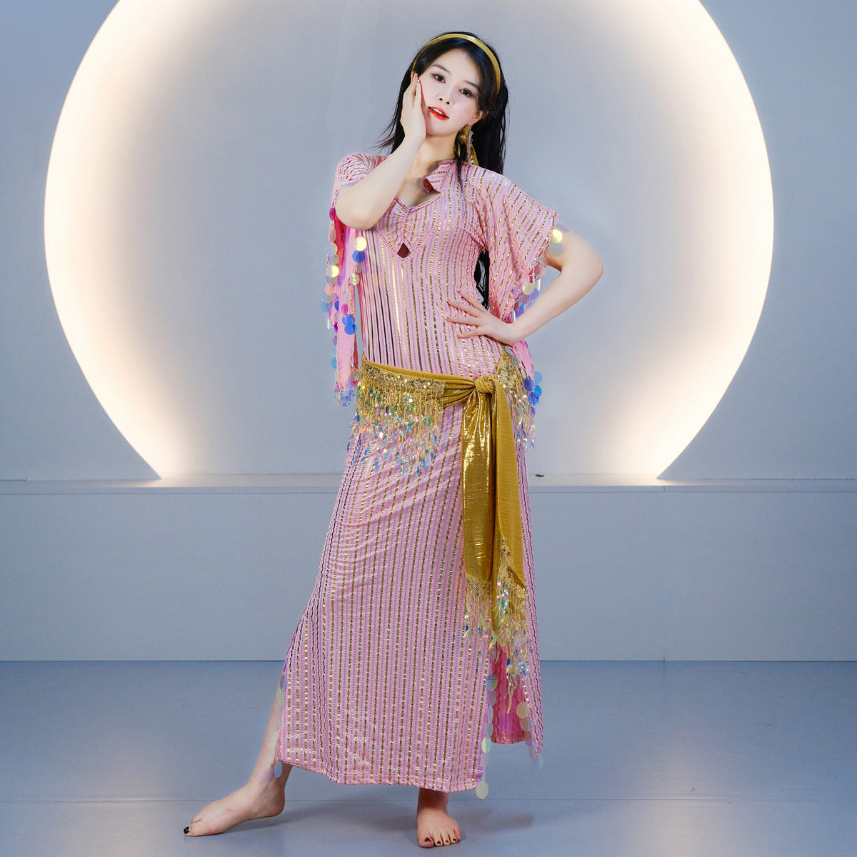 Egyptian-style Saidi Robe for Cane Dance and Folkloric Baladi with Features Sequins and Metallic Foil Stripes