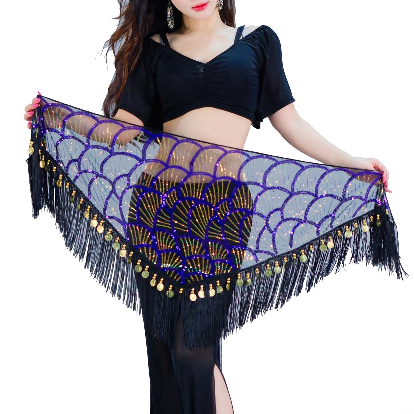 Belly Dance Hip Scarf Tassel Waist Chain with Shinning Sequins Scarf Skirts