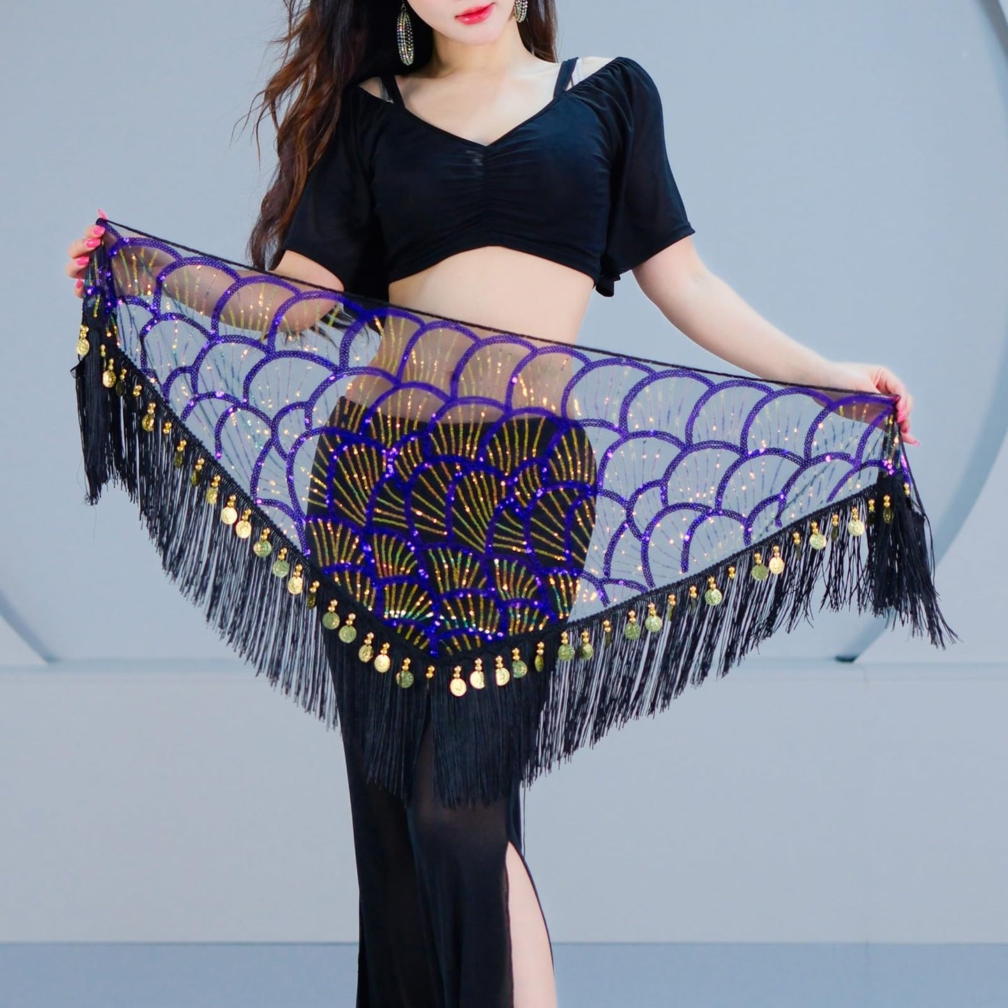 Belly Dance Hip Scarf Tassel Waist Chain with Shinning Sequins Scarf Skirts