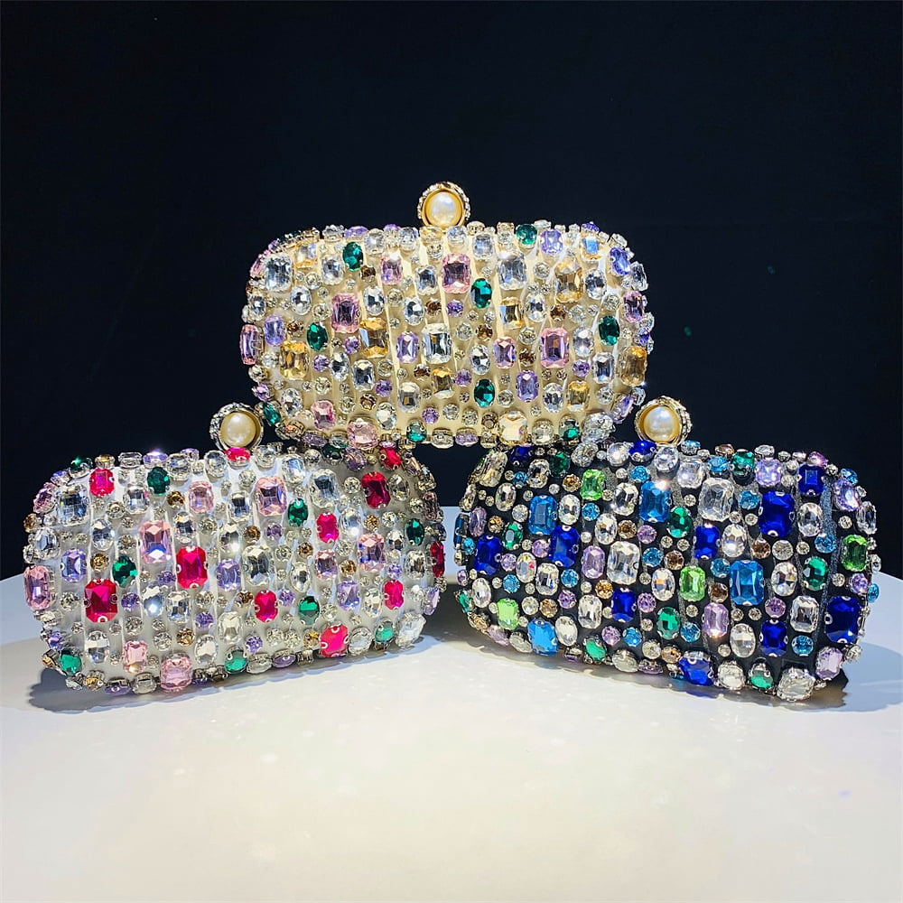 Womens Evening Clutch Purse Handbag Heavy Beaded Embroidered Evening Bag with Rhinestones