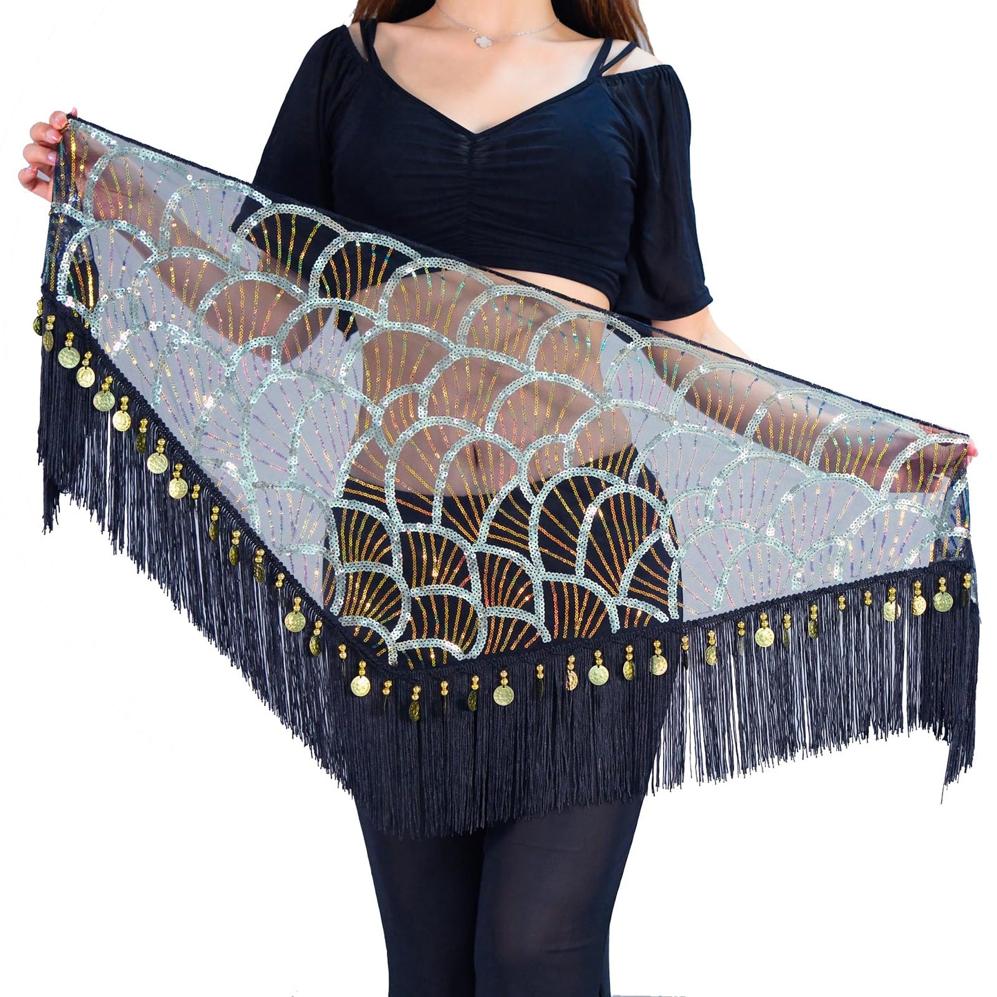 Belly Dance Hip Scarf Tassel Waist Chain with Shinning Sequins Scarf Skirts