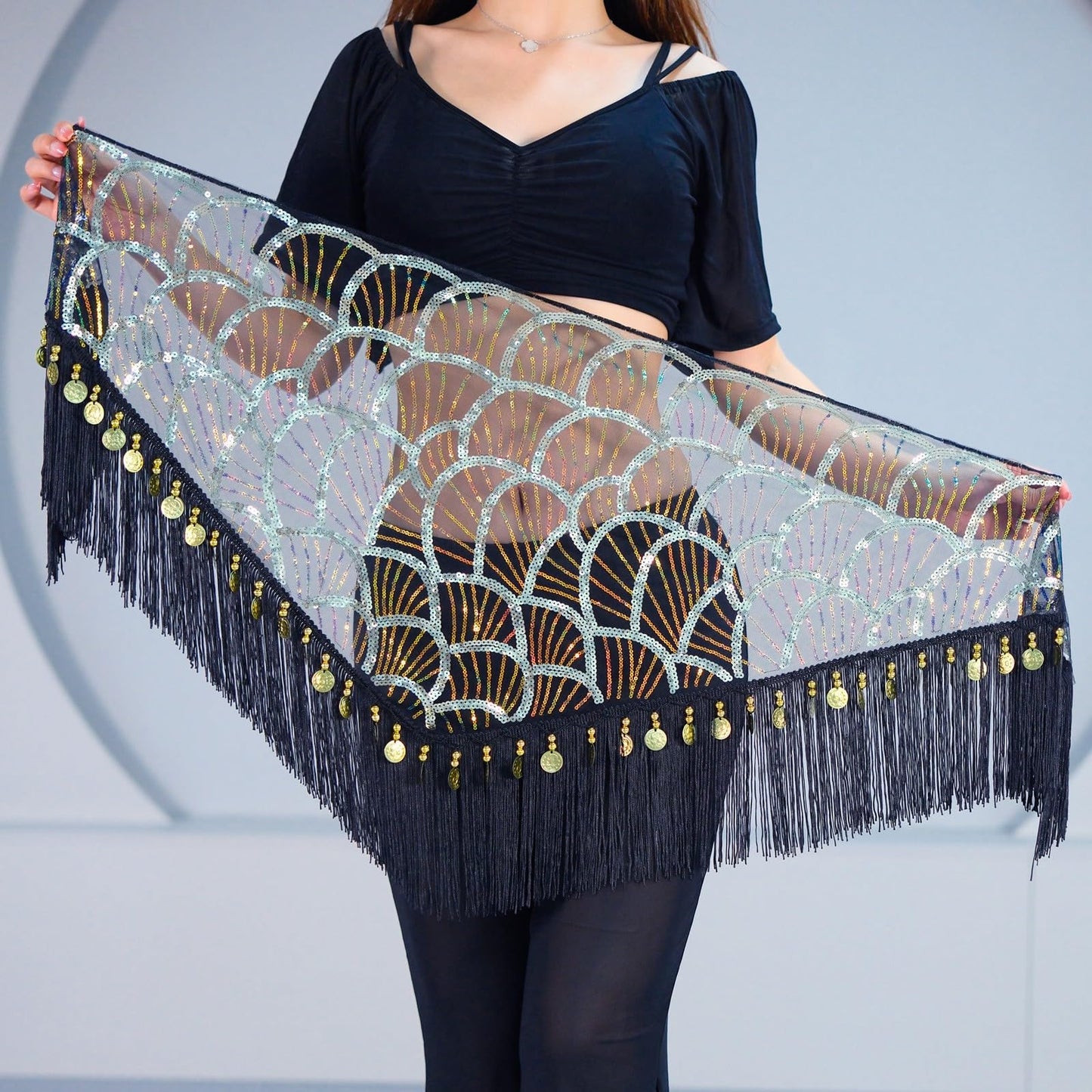 Belly Dance Hip Scarf Tassel Waist Chain with Shinning Sequins Scarf Skirts